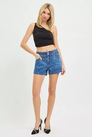 Risen slouchy denim shorts with belt featuring distressed details and casual fit, perfect for relaxed summer outfits.
