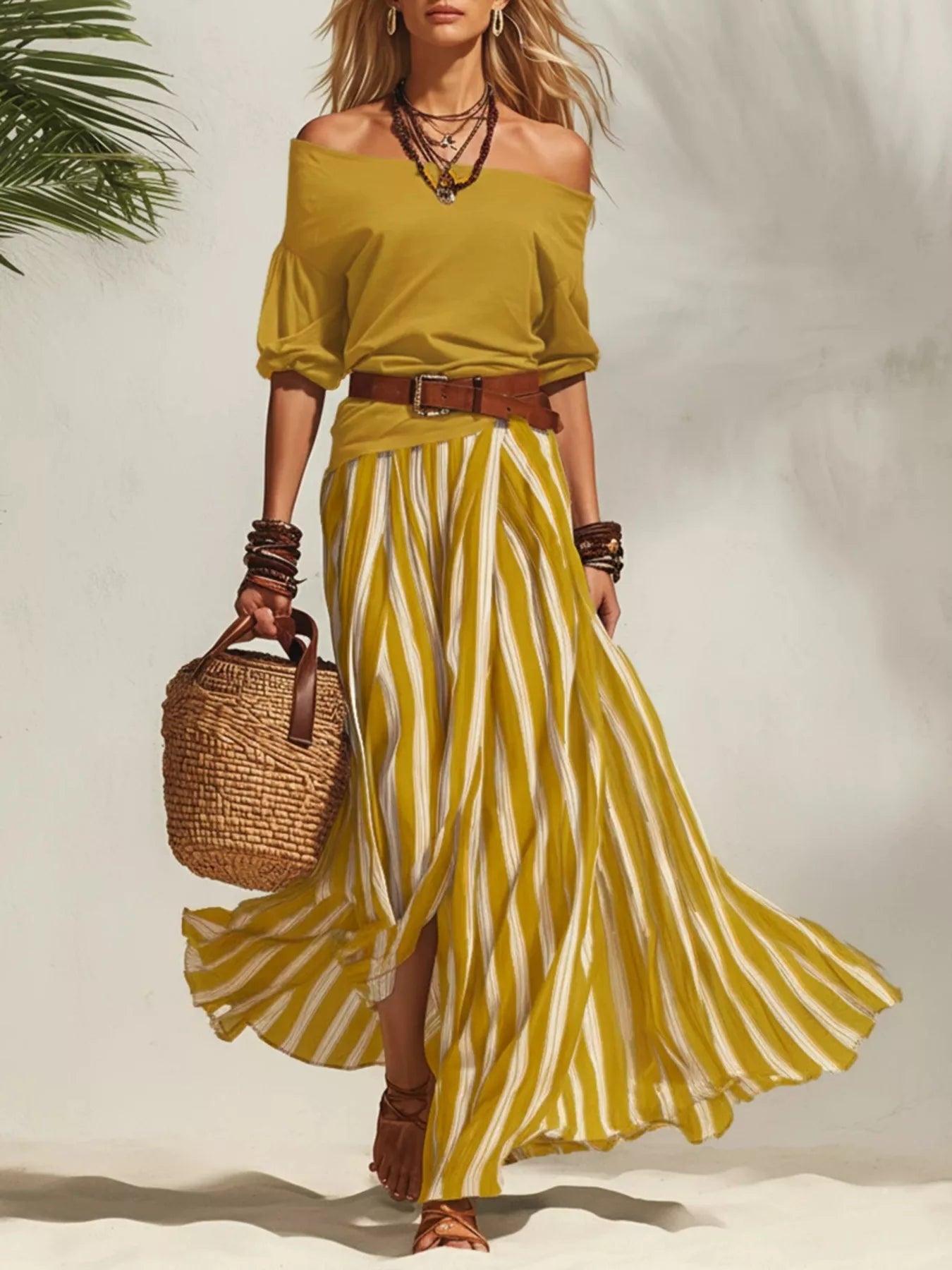 Off shoulder top and striped maxi skirt set by Trendsi, featuring a stylish off-shoulder top and flowing striped maxi skirt.