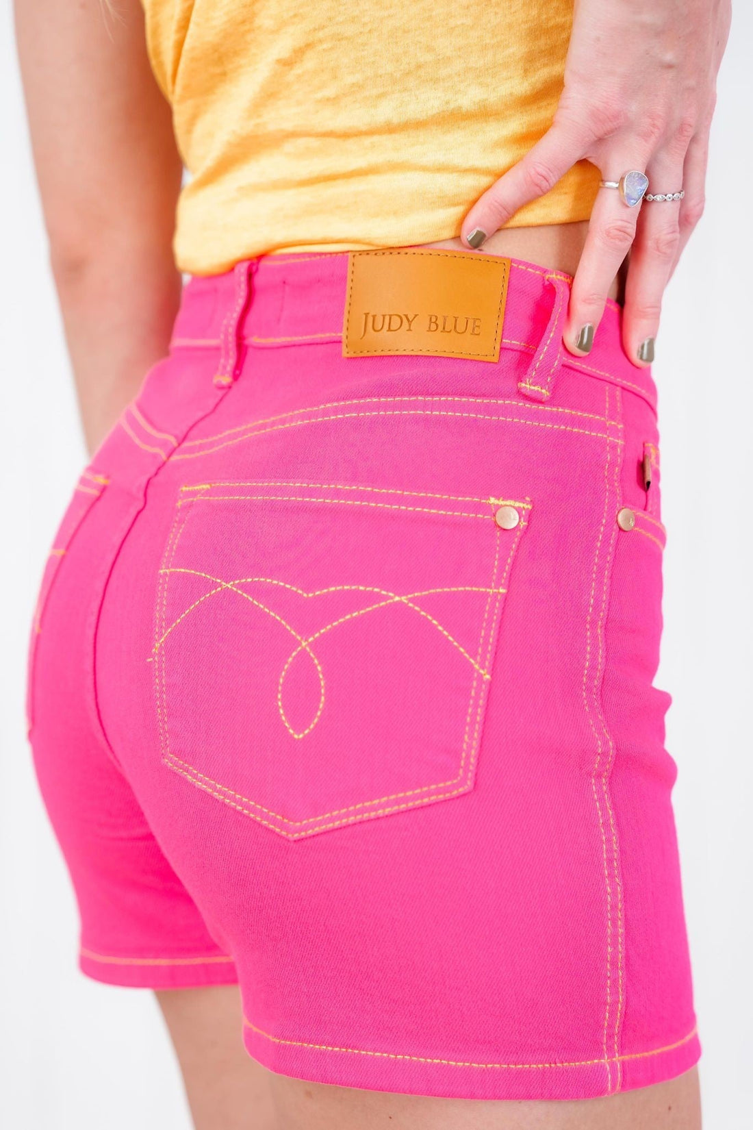 Judy Blue Pretty in Pink Magenta Dyed Garment Embroidered Pocket Shorts