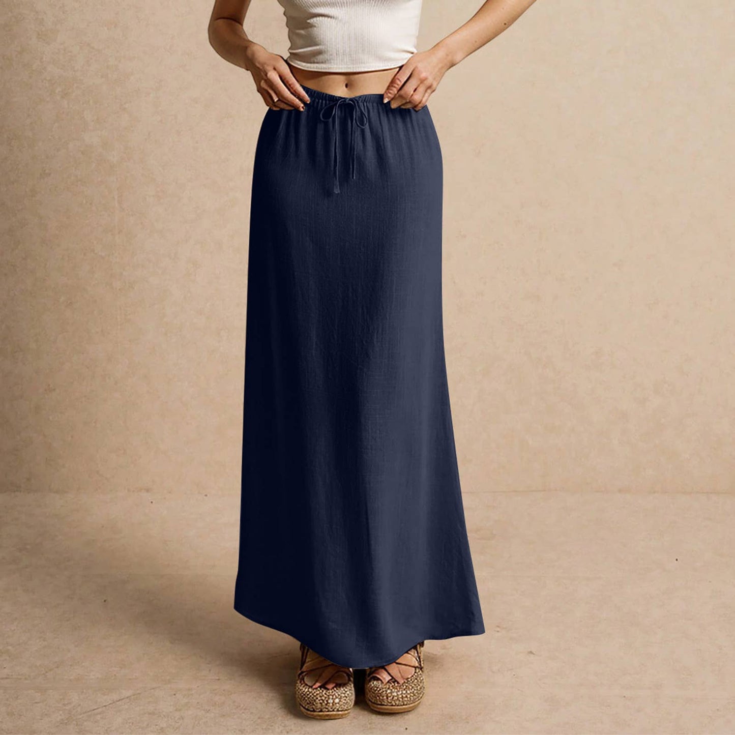 Solid drawstring waist maxi skirt