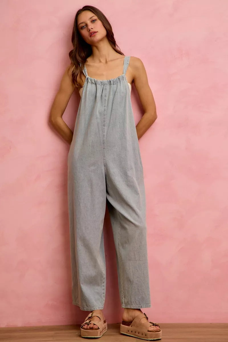 Light blue SO ME wide leg lightweight denim overalls with adjustable straps and front pockets, worn by a model.