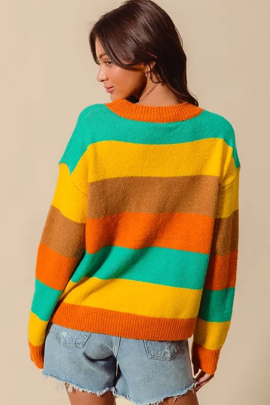 Trendsi SO ME multi-color stripe sweater with ribbed cuffs and hem, casual knit sweater for women.