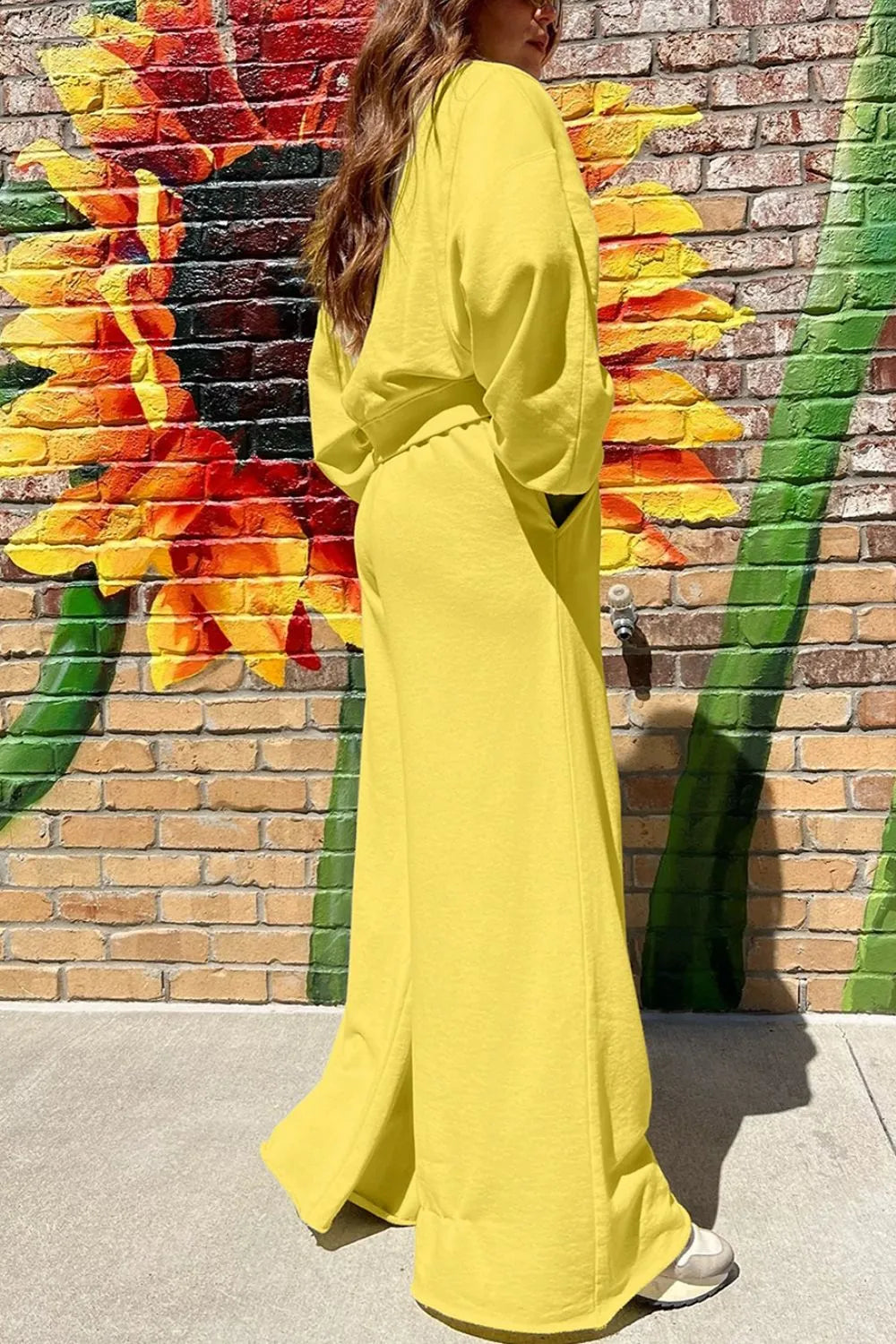 Yellow Trendsi round neck long sleeve sweatshirt and matching pants set, casual cozy loungewear for women.