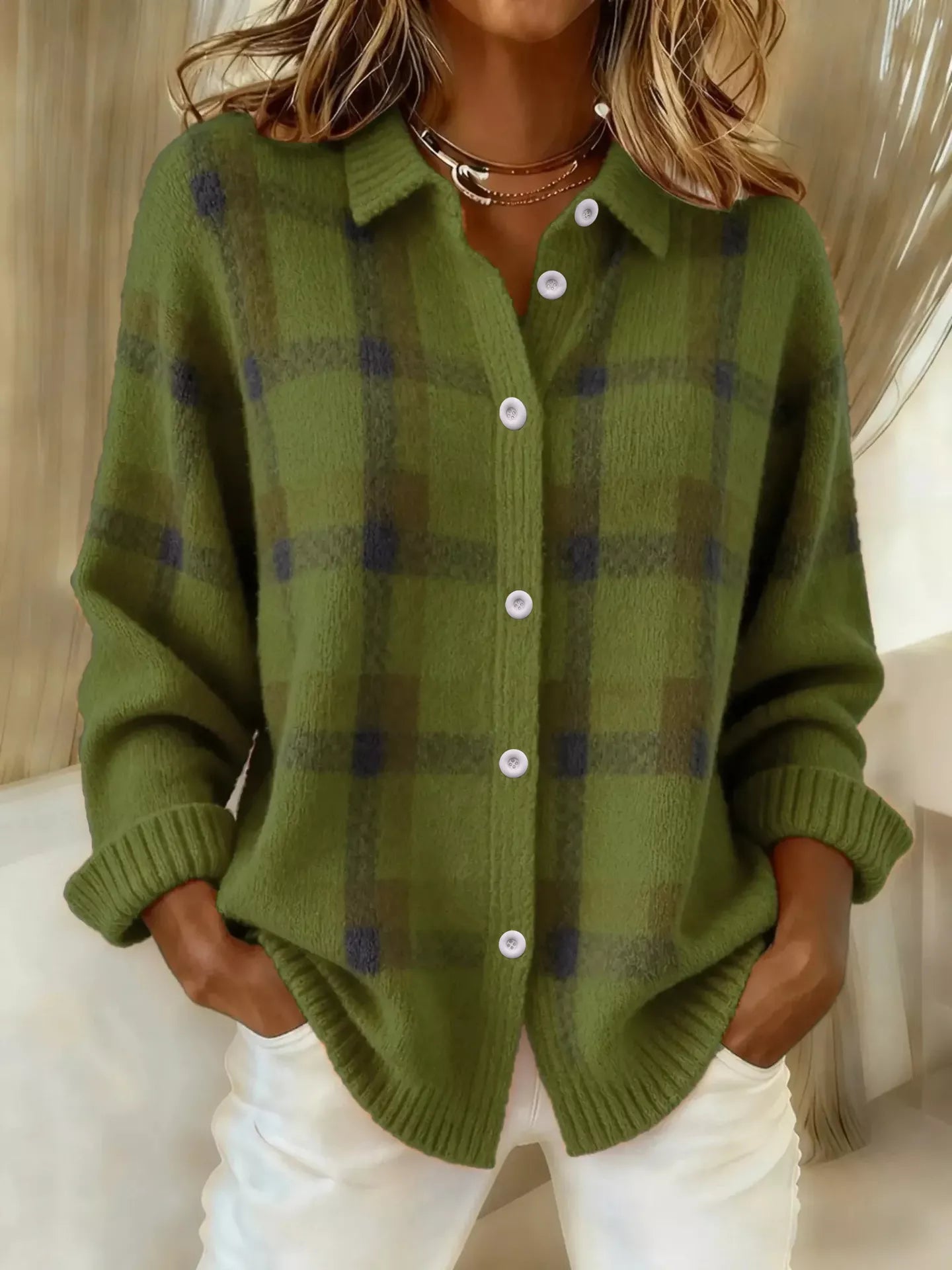 Trendsi plaid button-up cardigan with a classic pattern, featuring a cozy knit texture and front buttons for a stylish layered look.