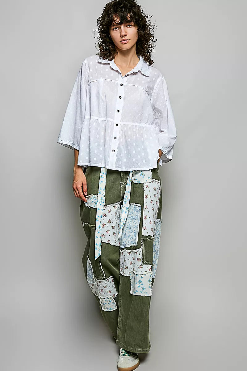 Tonal dot weave textured button-front shirt from POL by Trendsi, shown in a close-up of the fabric and button details.