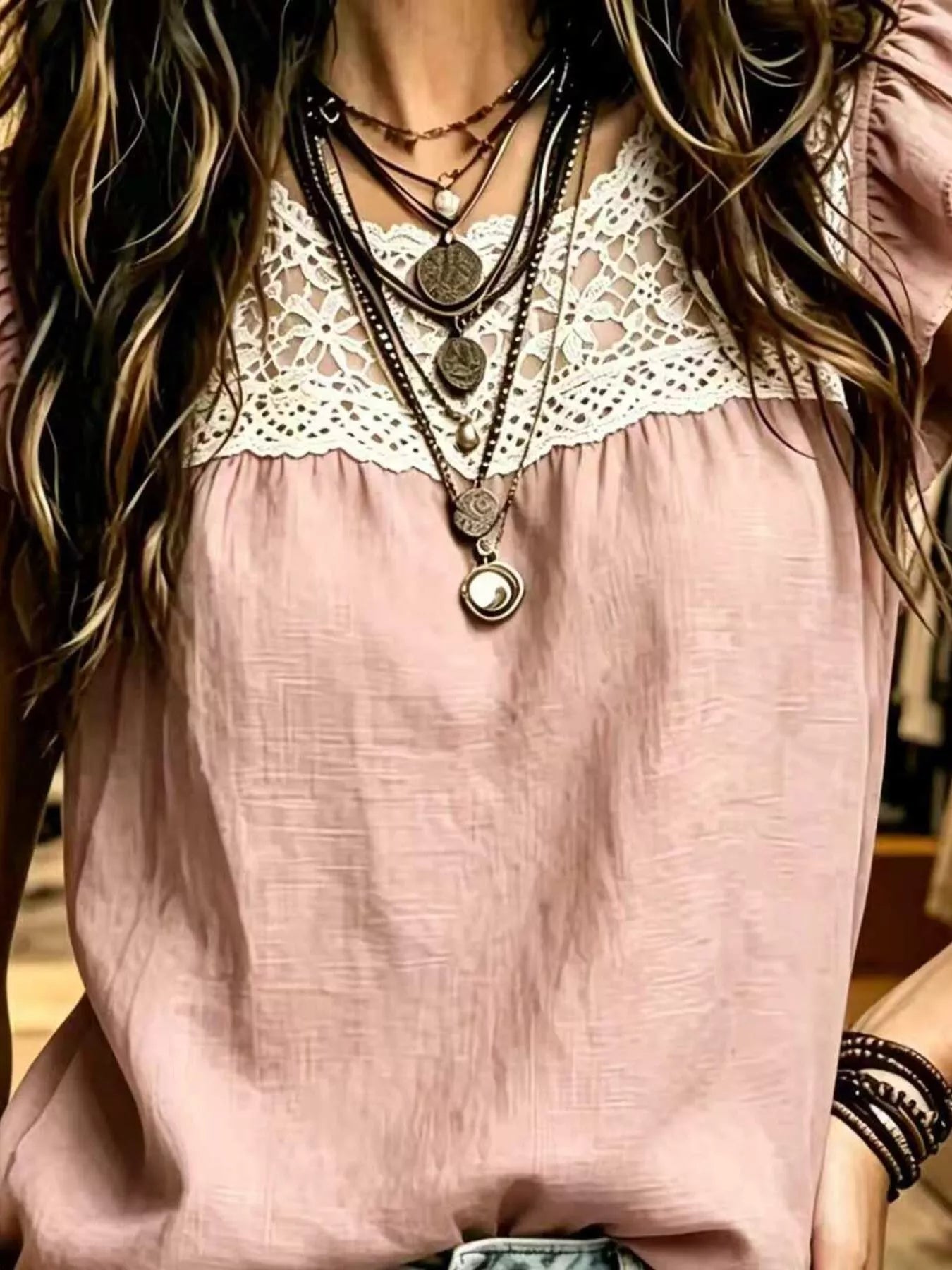 Plus size lace trim ruffle sleeve blouse from Trendsi featuring elegant lace details and stylish ruffle sleeves.