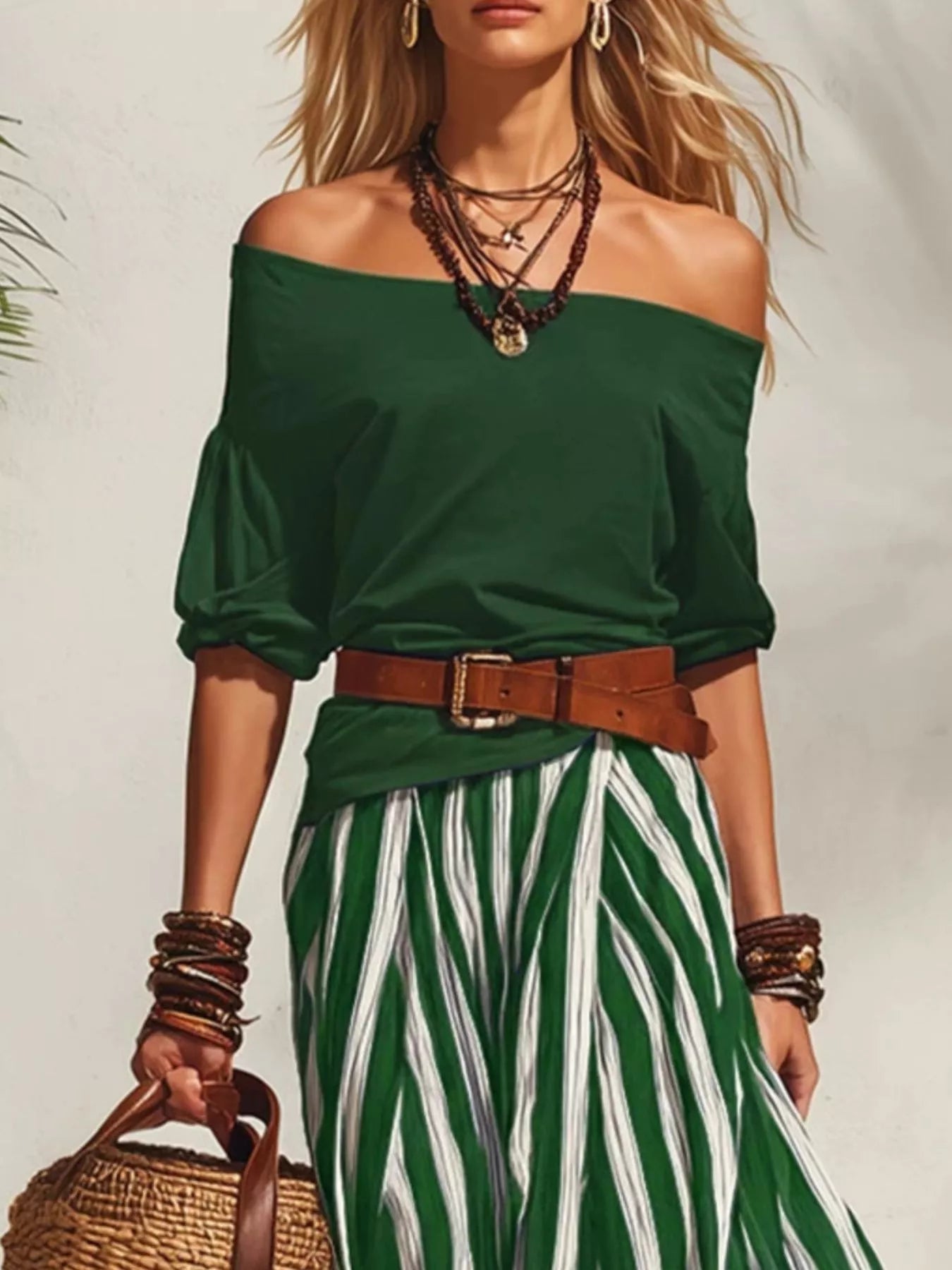 Trendsi off-shoulder top paired with a striped maxi skirt, both in a coordinated set, shown on a model.