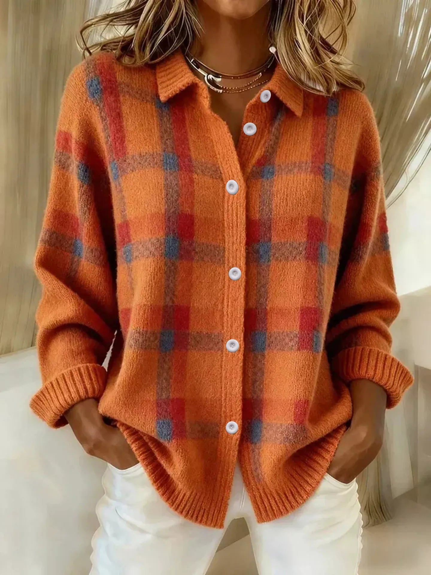 Trendsi plaid button-up cardigan with classic pattern, featuring a cozy knit fabric and front buttons, perfect for layered style.