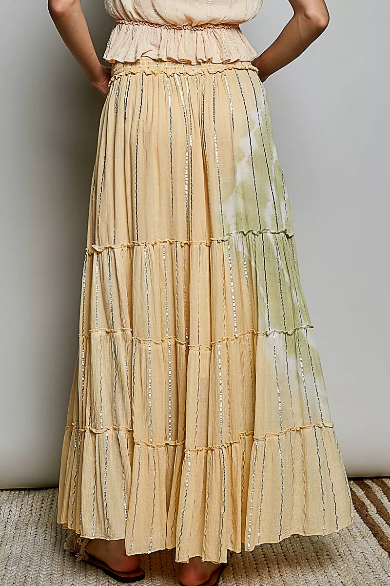 Trendsi POL shimmer tiered maxi skirt with reverse ruffle design and smocked waist, flowing fabric and elegant style.