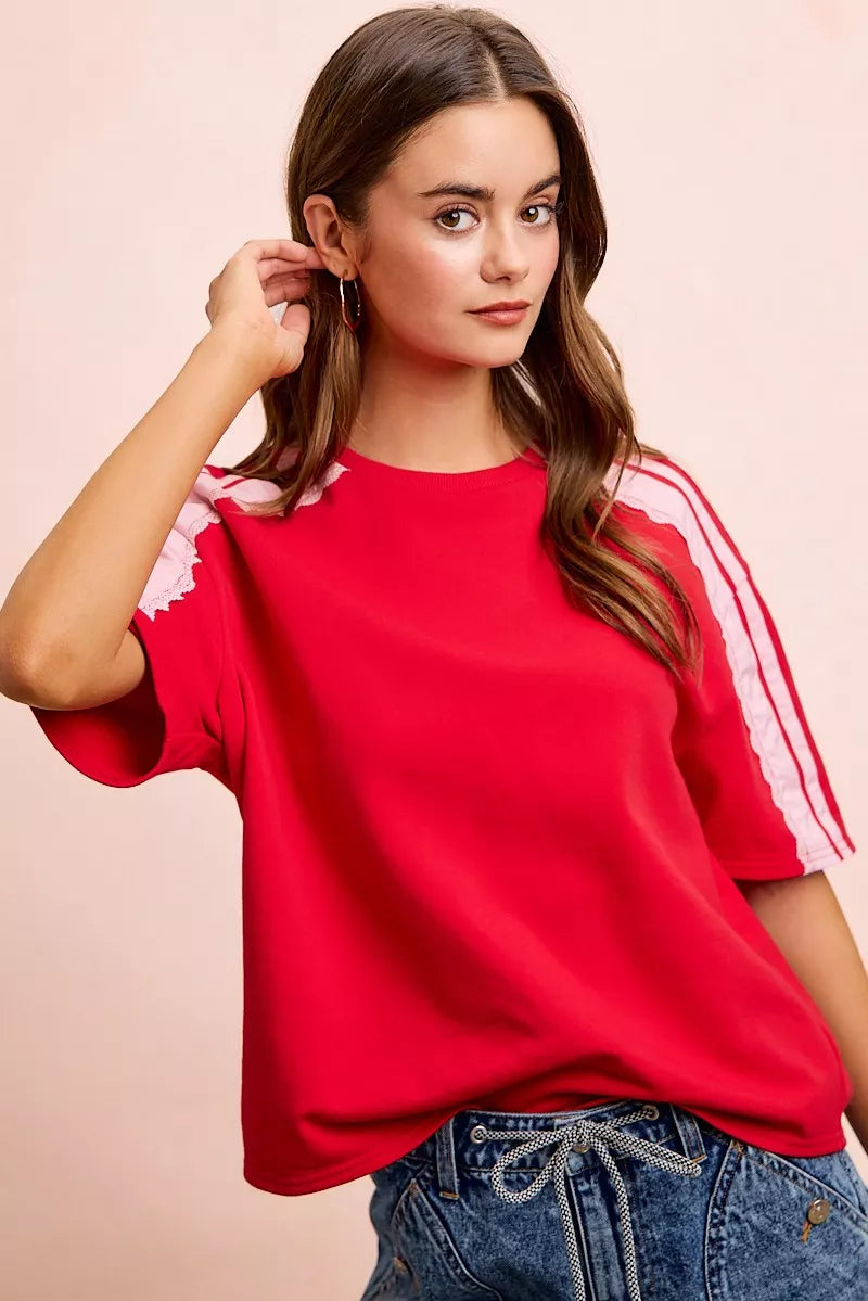BiBi French Terry short sleeve top with side lace detail, casual trendy shirt by Trendsi, shown in navy blue fabric.