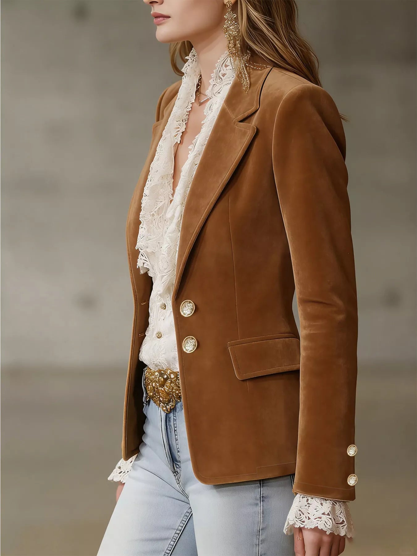 Single-breasted blazer with lapel collar and stylish design by Trendsi, shown in a professional close-up image.