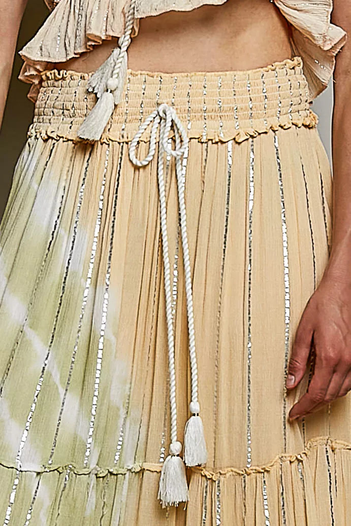 Trendsi POL shimmer tiered maxi skirt with reverse ruffle details and smocked waist, flowing and elegant for stylish occasions.