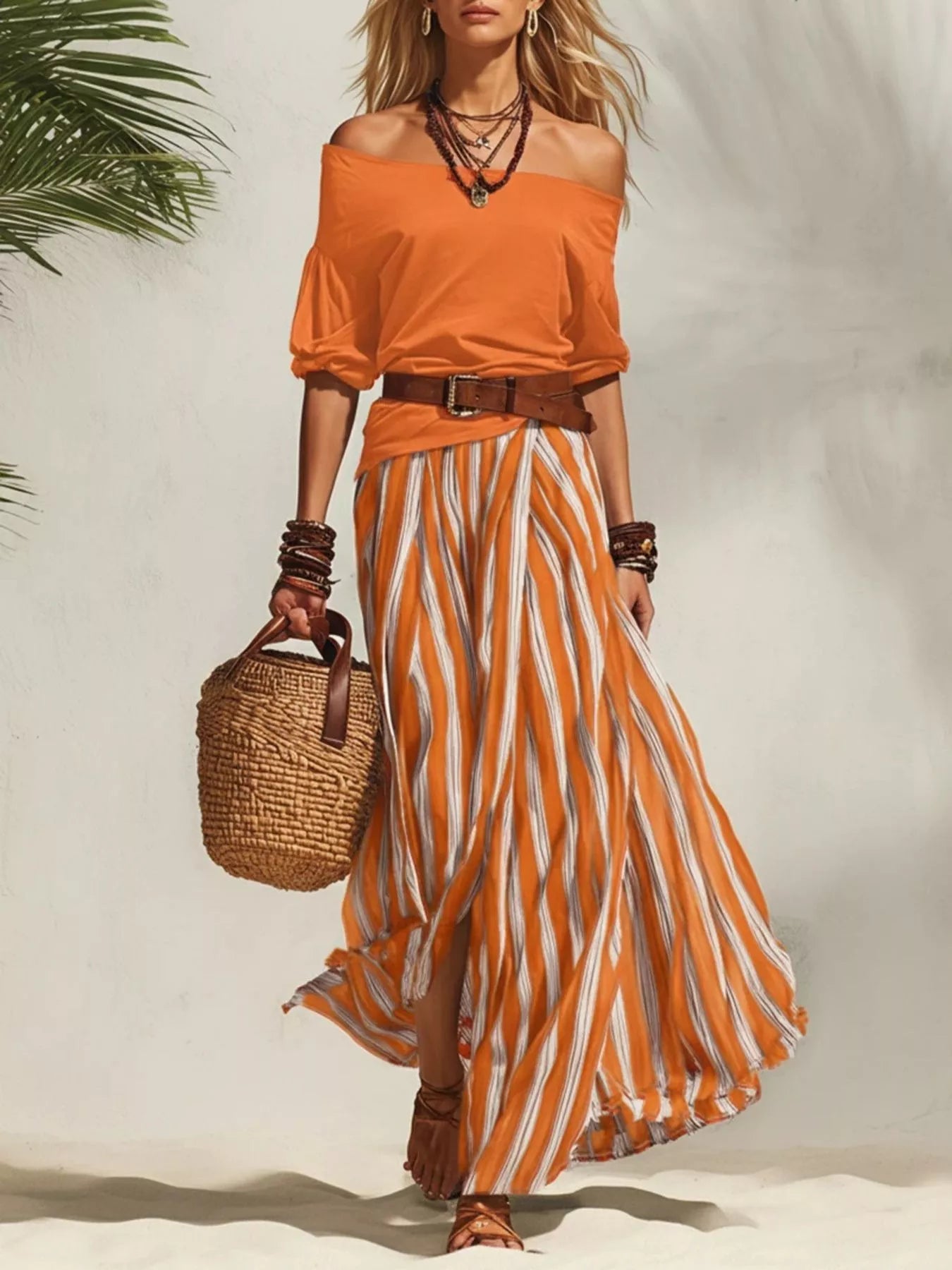 Off shoulder top and striped maxi skirt set from Trendsi, featuring a stylish off-the-shoulder top paired with a flowy striped maxi skirt.