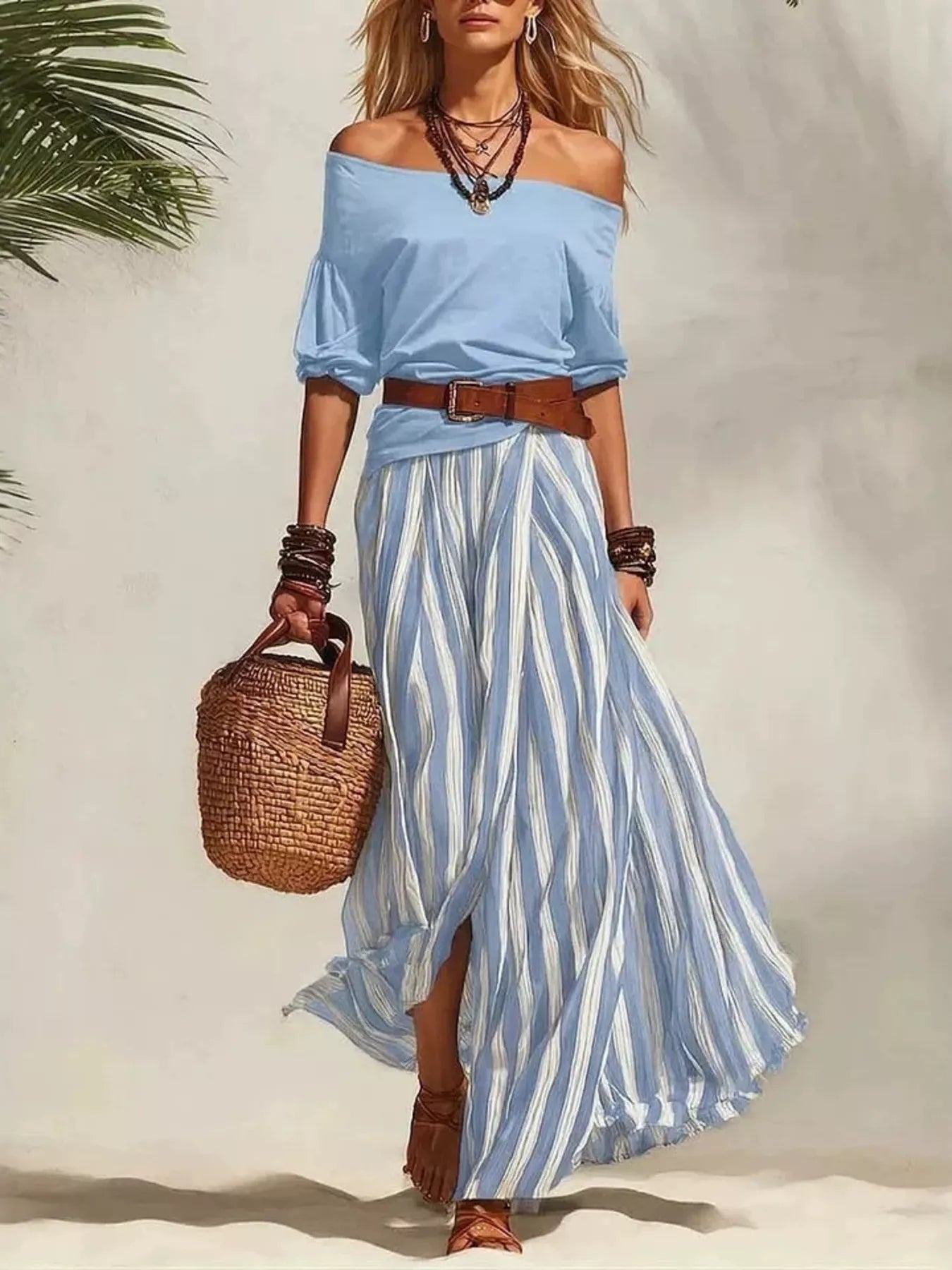 Off shoulder top and striped maxi skirt set by Trendsi, styled together with the top draped off the shoulders and the skirt featuring bold stripes.
