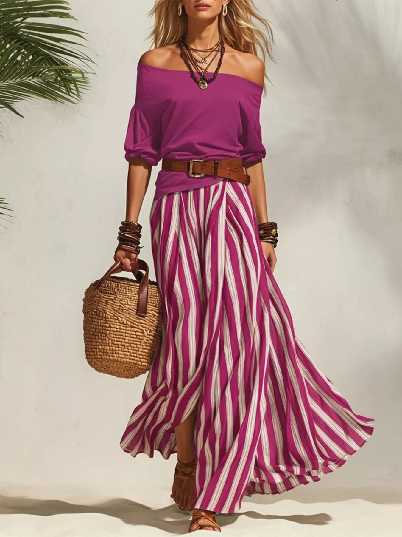 Off shoulder top and striped maxi skirt set by Trendsi, featuring a stylish off-shoulder blouse and long, flowing striped skirt.