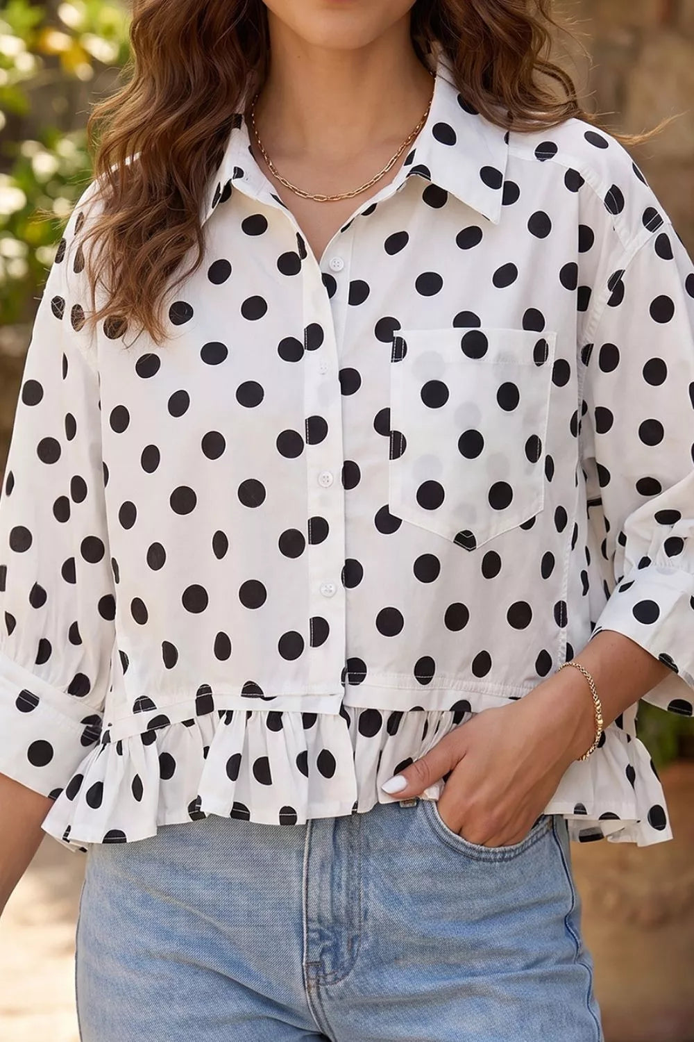 Polka dot print three-quarter sleeve casual shirt with ruffle hem, stylish and comfortable, by Trendsi