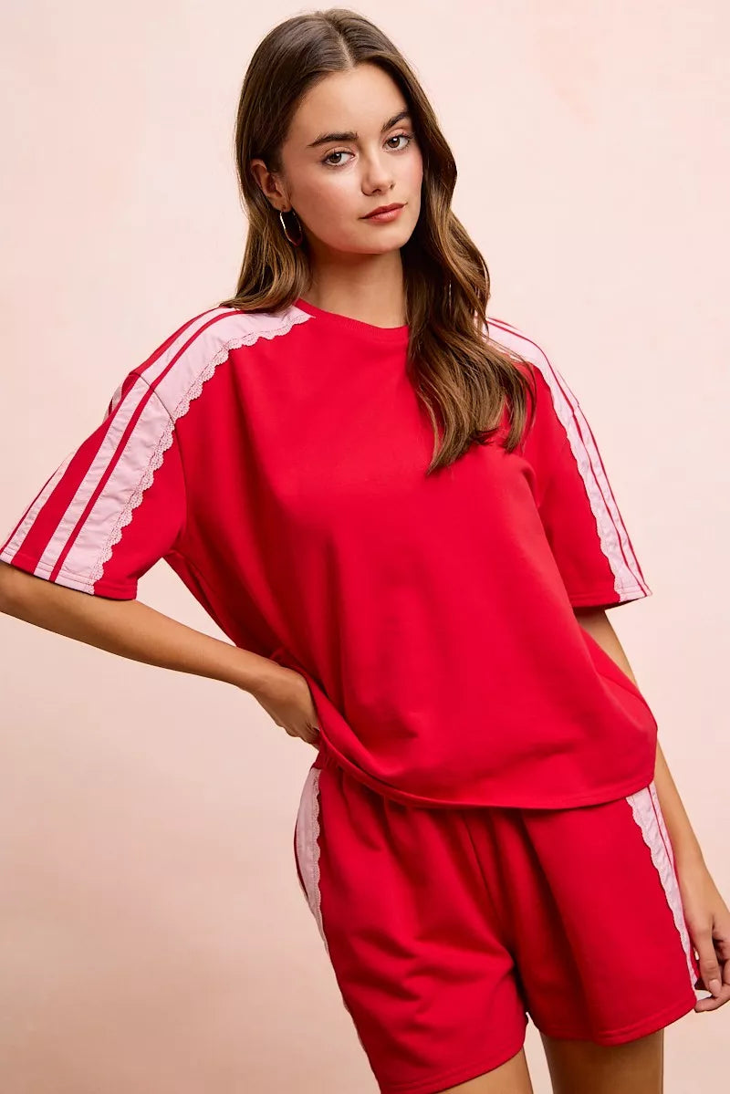 BiBi French Terry short sleeve top with side lace detail, casual and comfortable fashion by Trendsi featuring a relaxed fit.