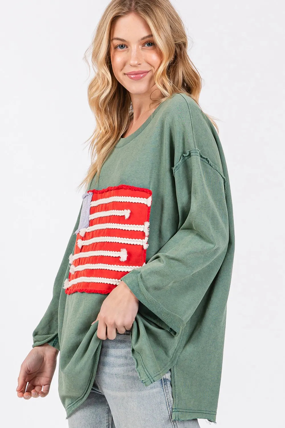 American flag patch T-shirt with drop shoulder design, sage and fig colors, by Trendsi, featuring a full-size flag graphic on the front.