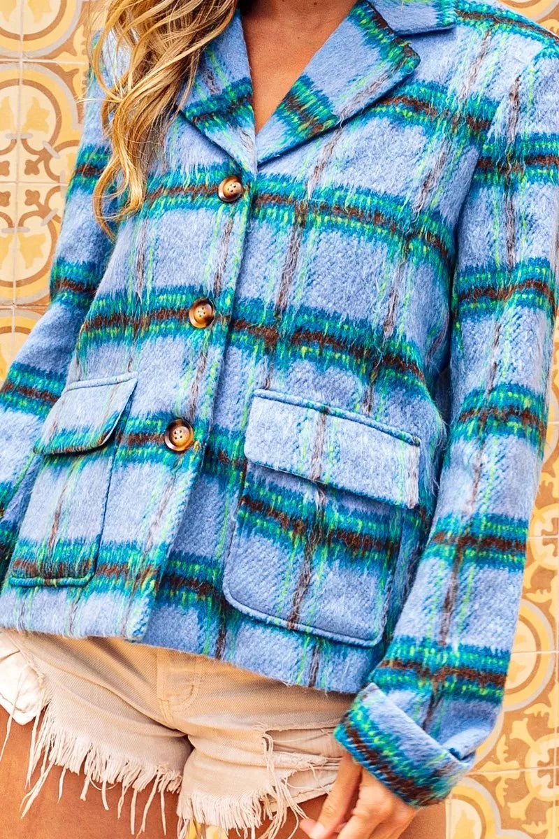 Brushed vintage plaid jacket with BiBi flap pockets, stylish Trendsi outerwear featuring a classic pattern and cozy fabric.