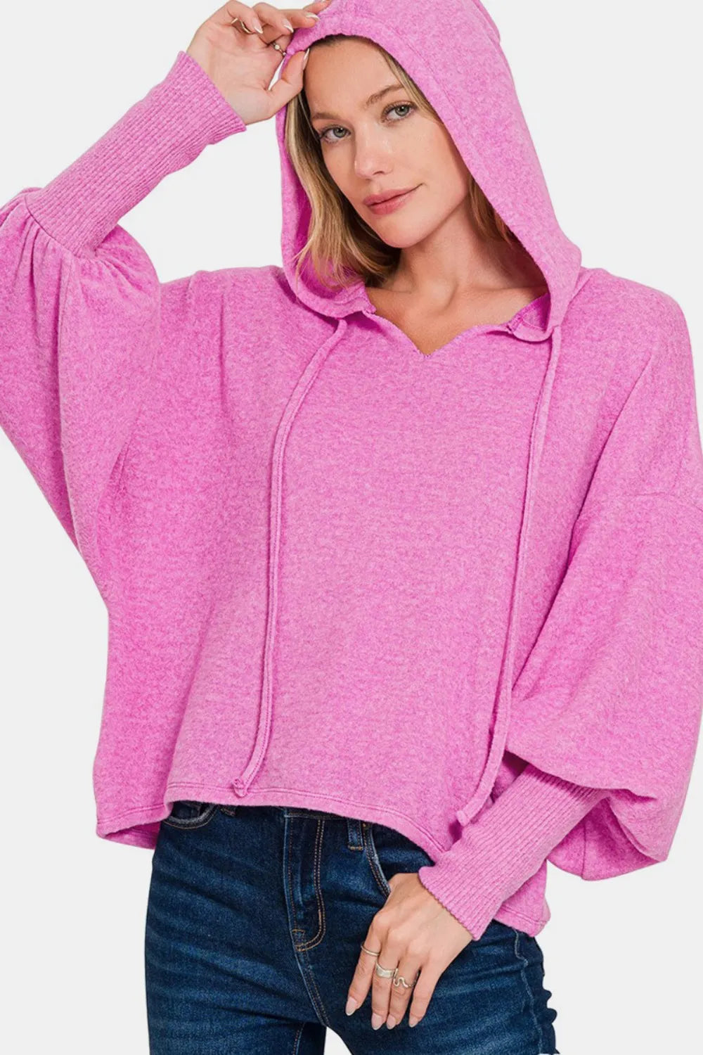 Brushed Hacci drop shoulder cropped hoodie by Zenana, featuring a cozy, relaxed fit with long sleeves and a casual style.