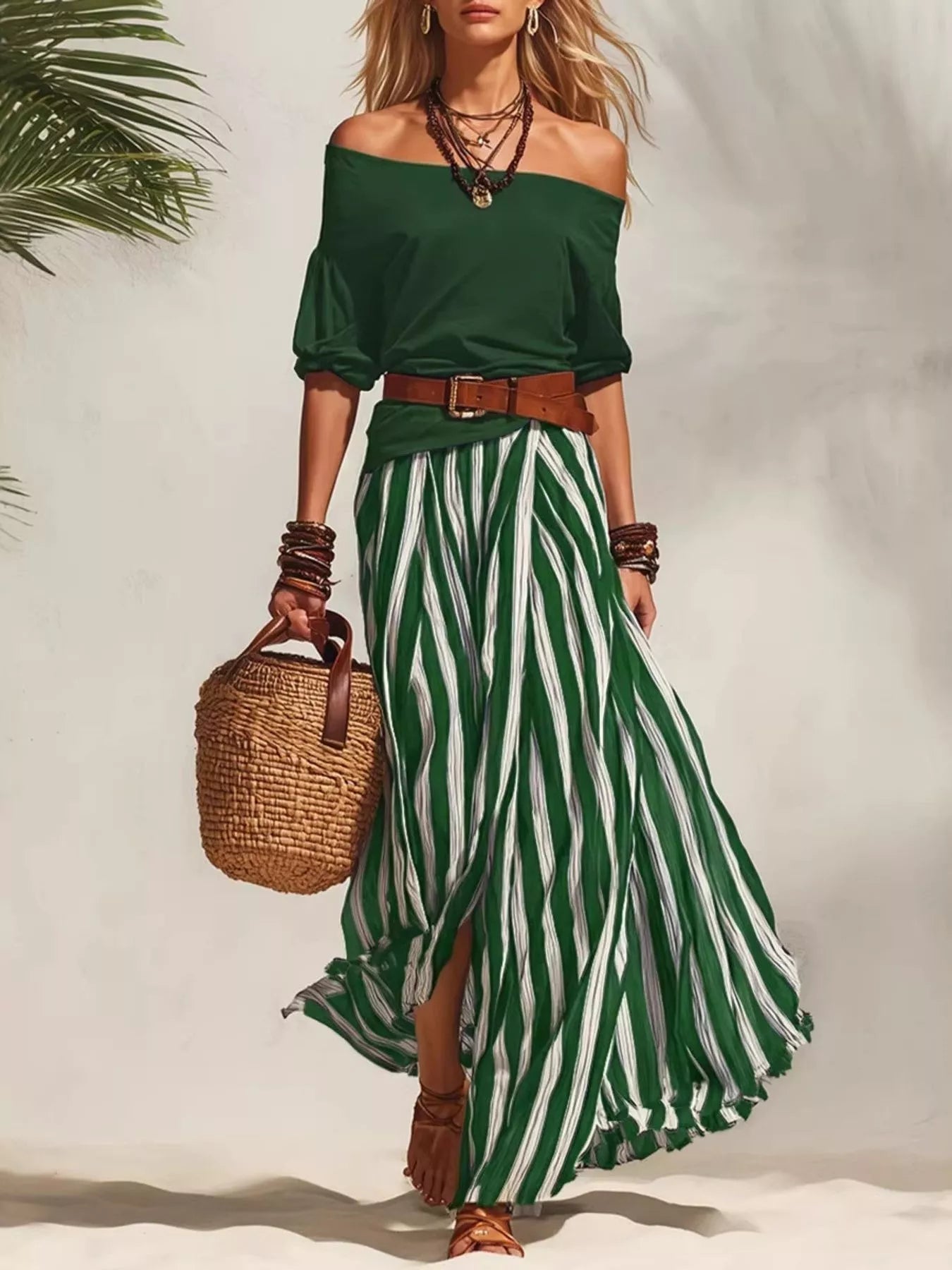 Off shoulder top and striped maxi skirt set from Trendsi, featuring a stylish off-shoulder top and flowy striped maxi skirt.
