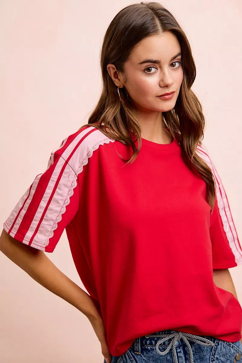 Trendsi BiBi French Terry side lace detail short sleeves top, casual women's shirt with stylish side lace accents and relaxed fit.
