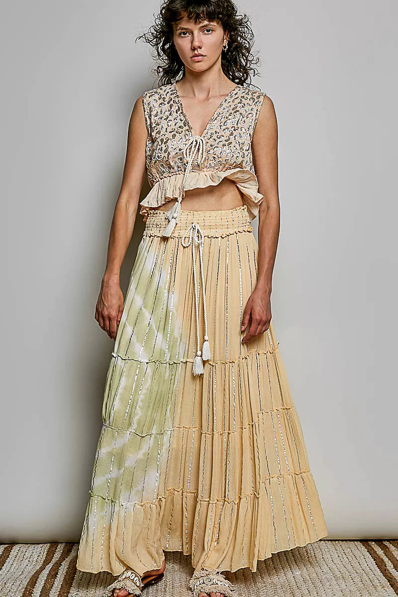 Trendsi POL shimmer tiered maxi skirt with reverse ruffle design and smocked waist, featuring a flowing, layered silhouette