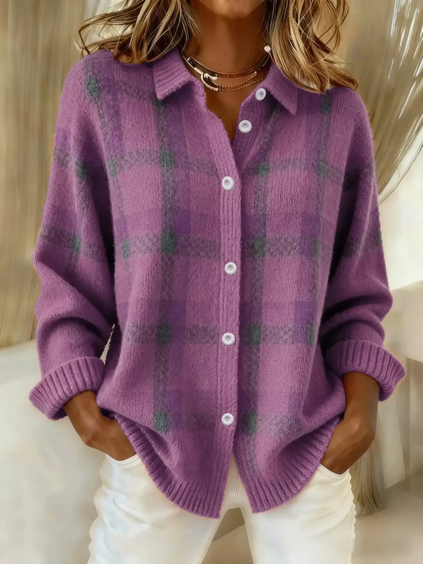 Trendsi plaid button-up cardigan featuring a classic checkered pattern, long sleeves, and a cozy, stylish fit.