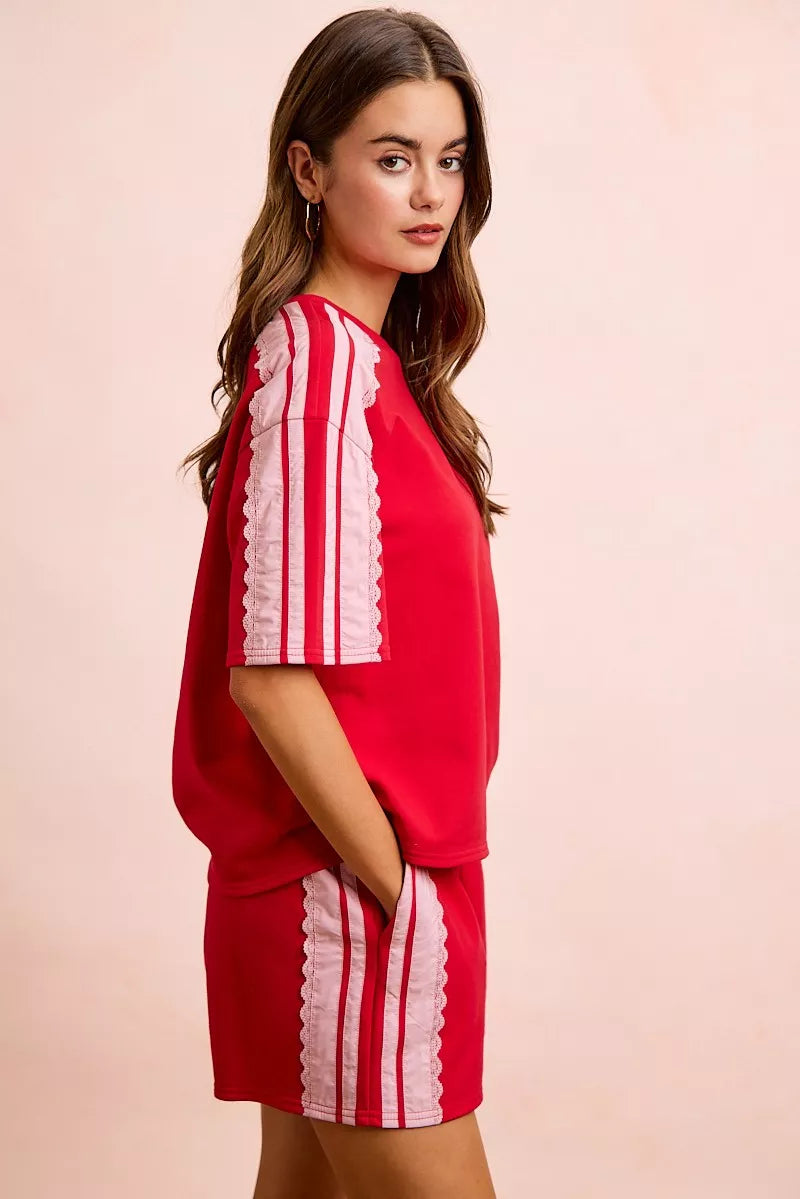 BiBi French Terry short sleeve top with side lace detail, casual women's fashion by Trendsi.