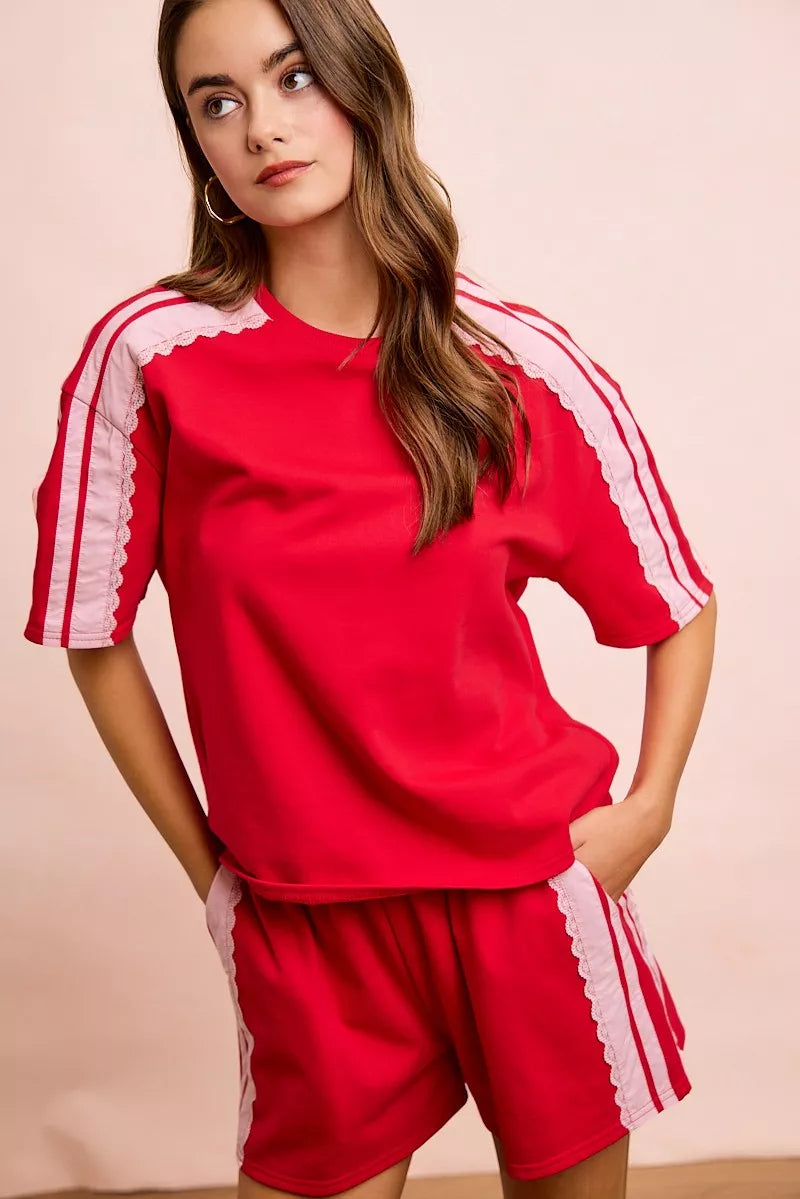 Trendsi BiBi French Terry short sleeve top with side lace detail, casual and comfortable women's loungewear in soft fabric