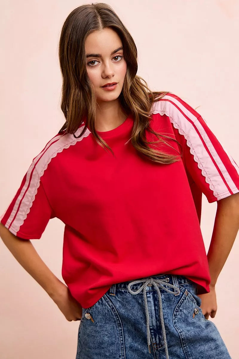 BiBi French Terry short sleeve top with side lace detail and relaxed fit, stylish casual shirt by Trendsi.