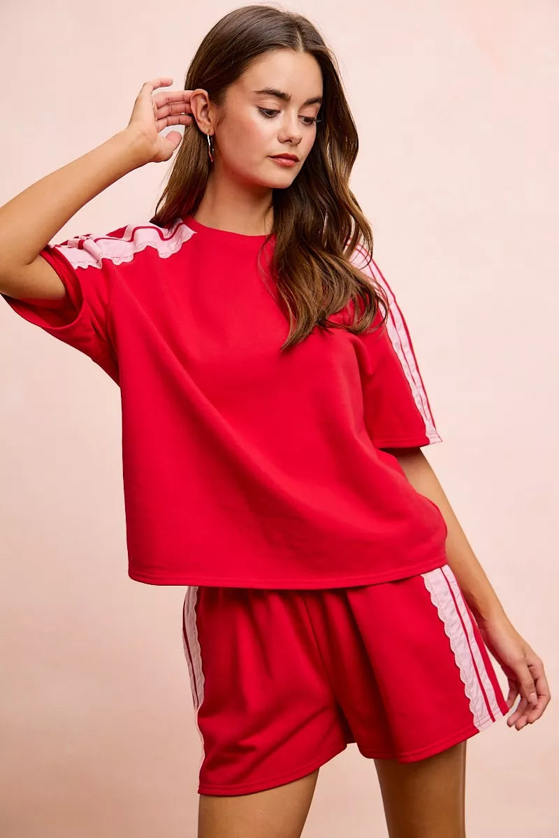 BiBi French Terry short sleeve top with side lace detail, casual women's fashion, Trendsi brand, soft fabric and relaxed fit.