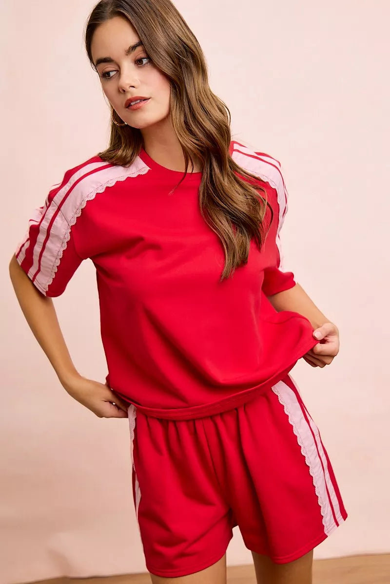 Trendsi BiBi French Terry short sleeve top with side lace detail, casual and comfortable women's top in soft fabric.