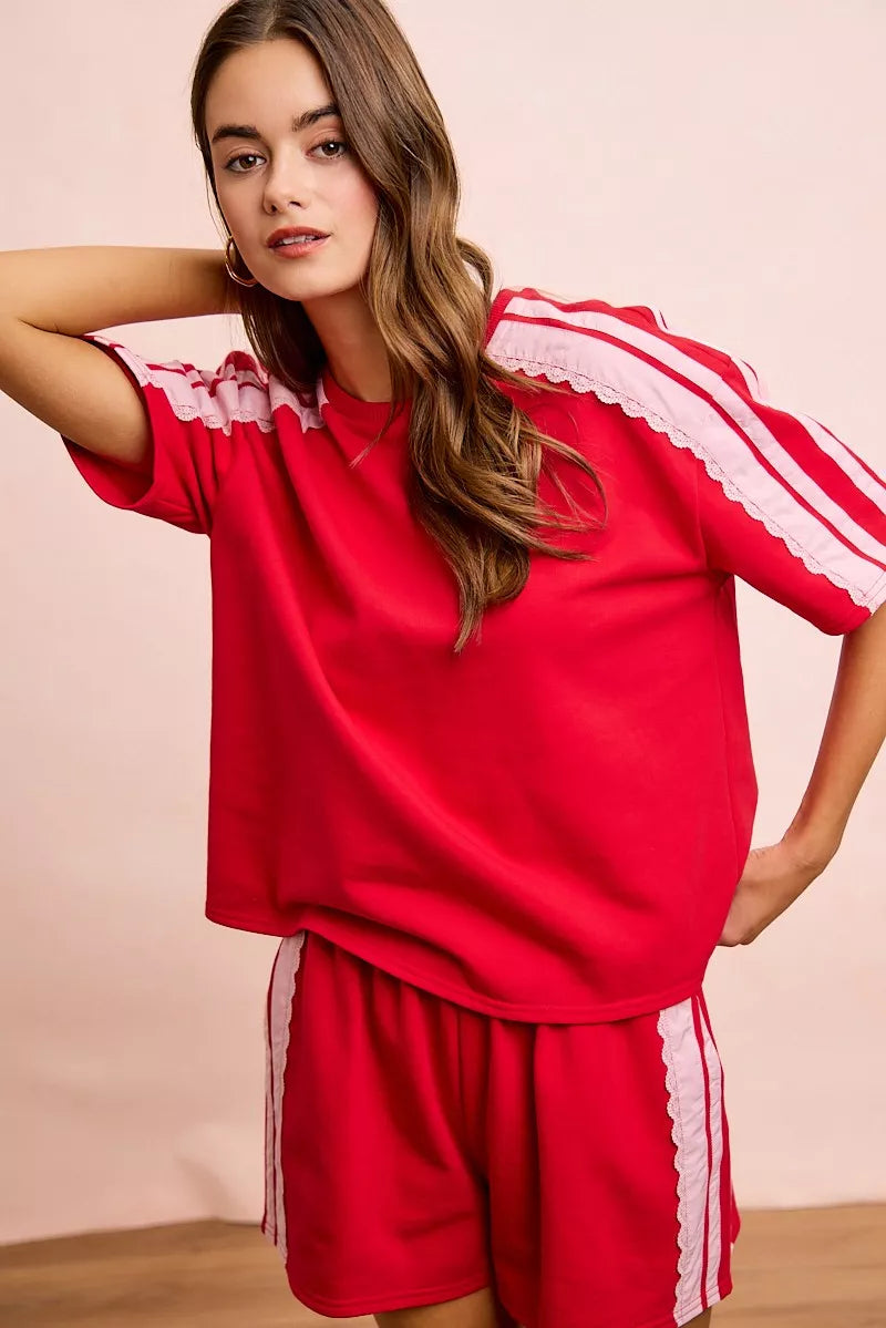 BiBi French Terry short sleeve top with side lace detail, casual trendy shirt from Trendsi in soft fabric with a relaxed fit.