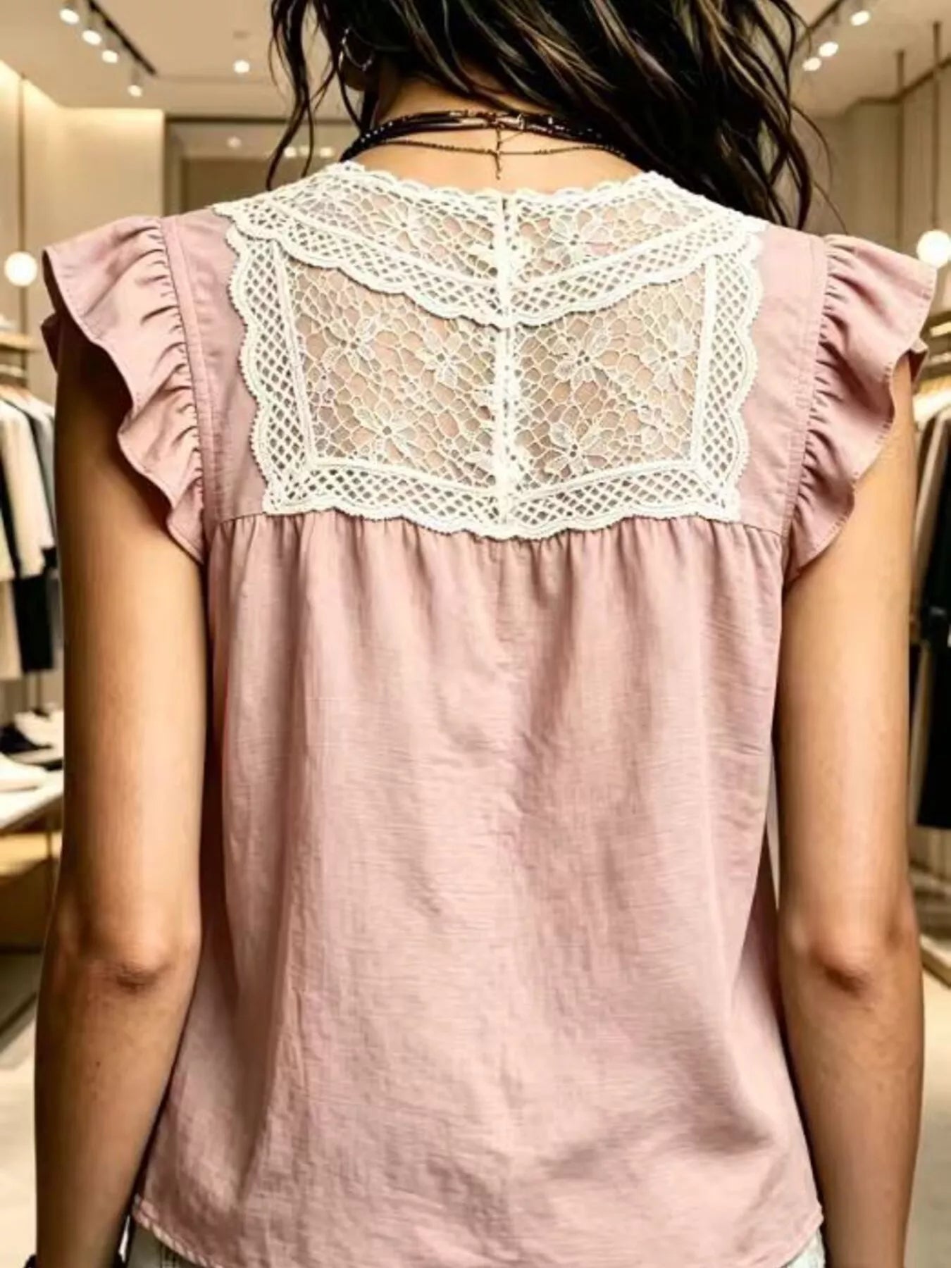 Plus size lace trim ruffle sleeve blouse by Trendsi, featuring delicate lace details and flowing ruffle sleeves in a full size fit.