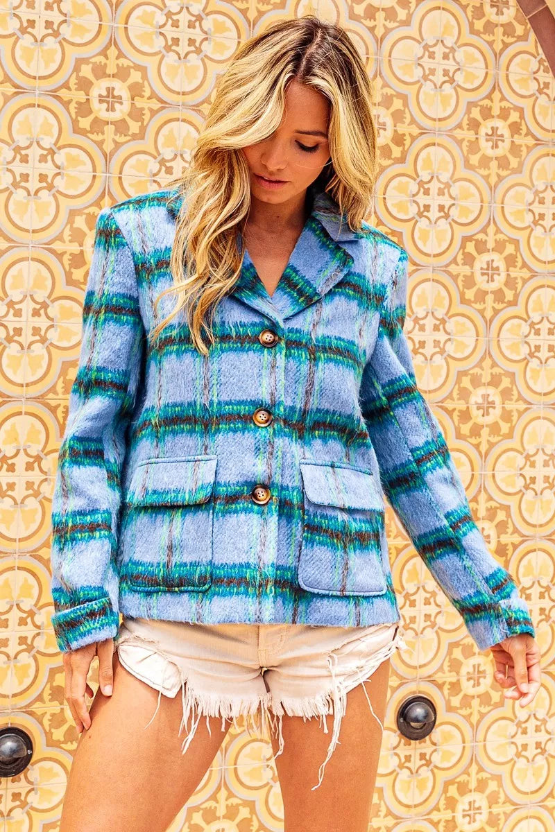 Brushed vintage plaid jacket with biBi flap pockets, stylish Trendsi jacket featuring classic pattern and cozy fabric.