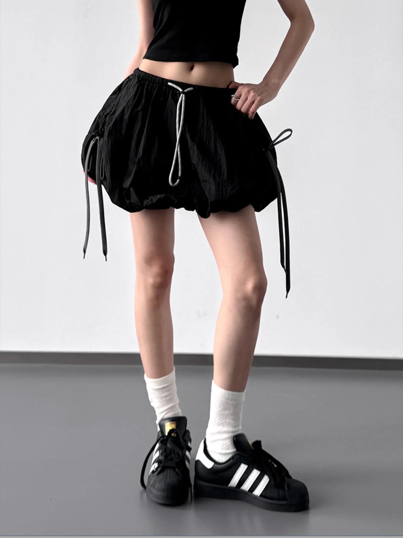 Light blue Bubble drawstring casual shorts by Trendsi featuring an elastic waistband and relaxed fit.