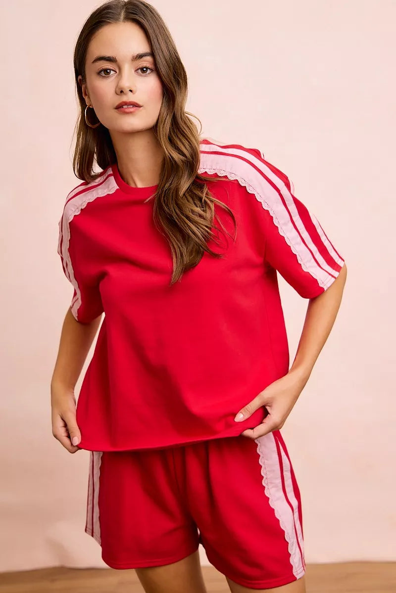 Trendsi BiBi French Terry short sleeve top with side lace detail, casual and comfortable for everyday wear.
