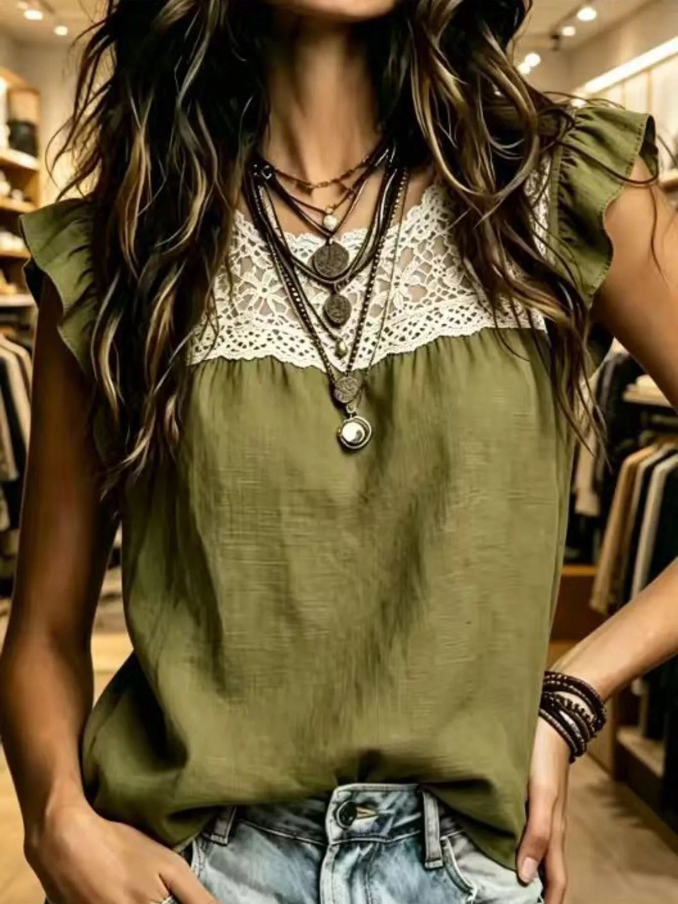 Plus size lace trim ruffle sleeve blouse by Trendsi, featuring delicate lace details and flowy fabric in a full-size fit.