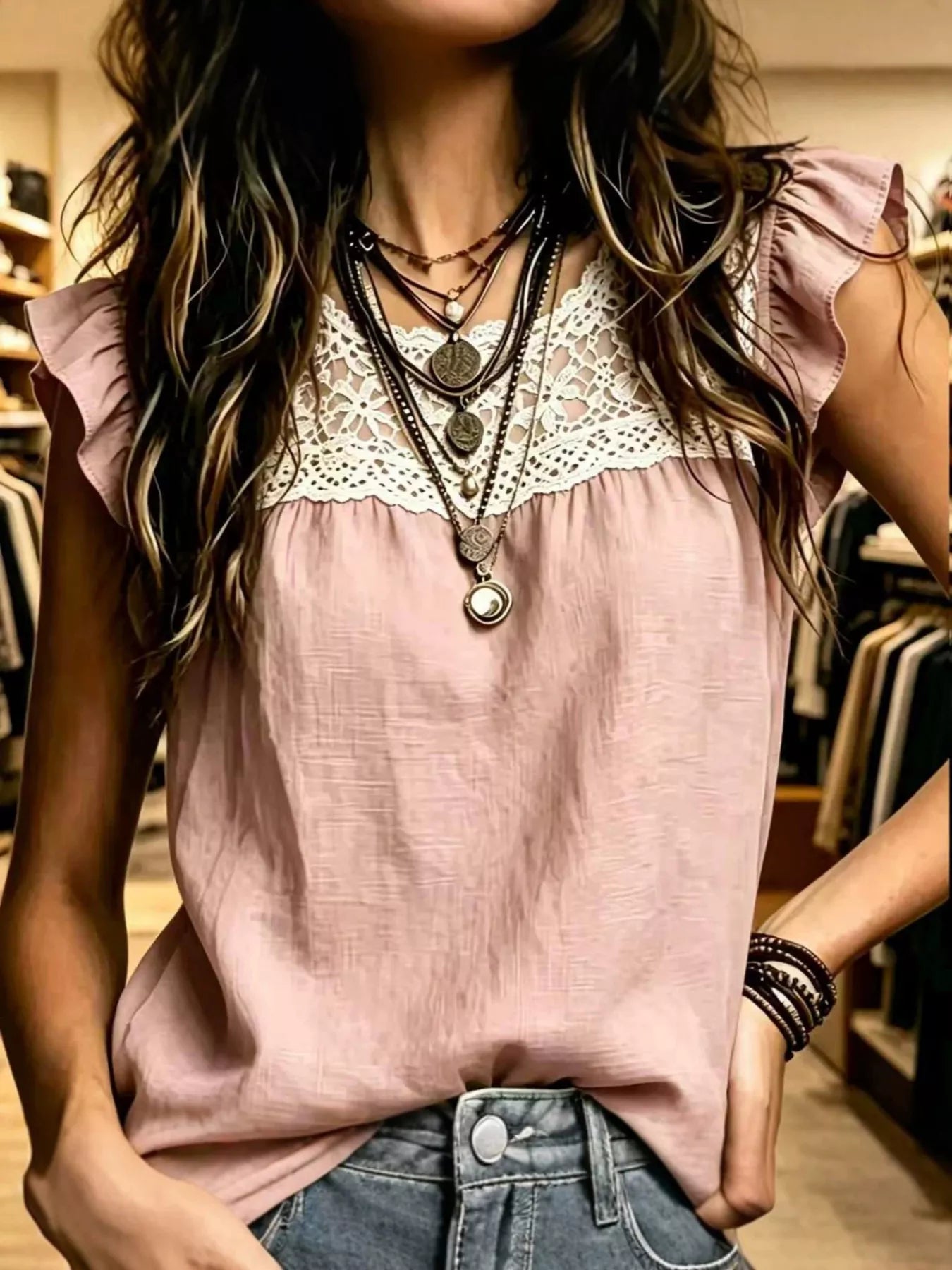 Plus size lace trim ruffle sleeve blouse by Trendsi, featuring feminine lace details and flowy fabric in a full size fit.