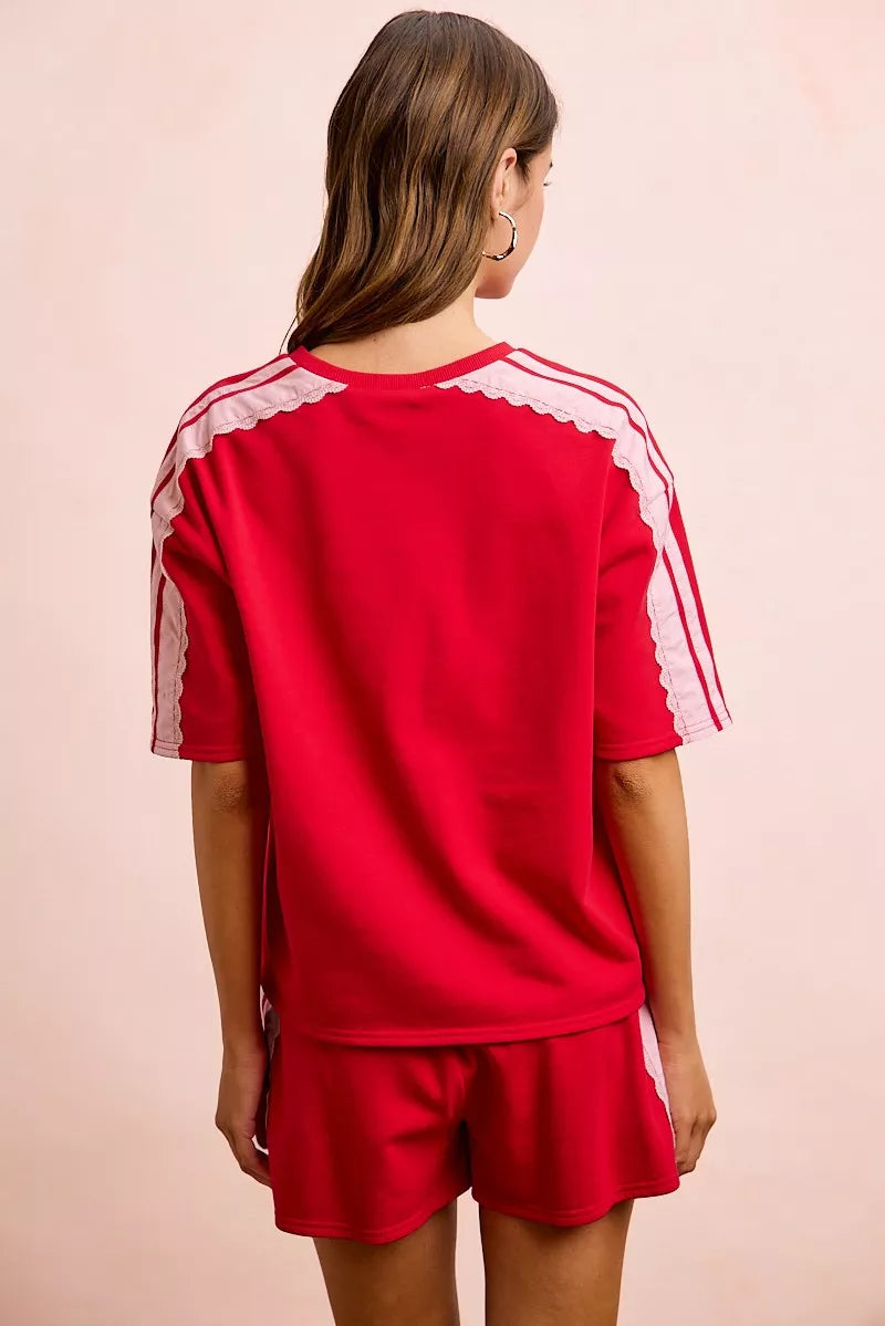 Trendsi BiBi French Terry short sleeve top with side lace detail, casual women's top in soft fabric, shown in black.