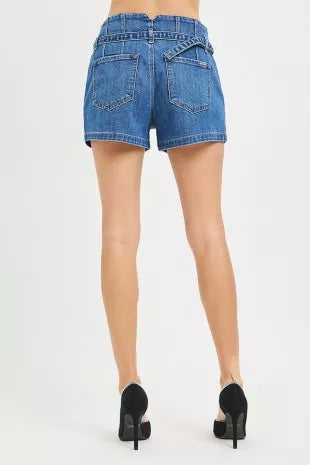 Risen slouchy denim shorts with belt, casual distressed fit, front pockets, and rolled cuffs, perfect for relaxed summer style.