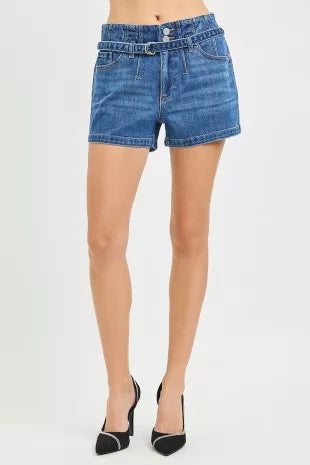 Risen slouchy denim shorts with belt, casual distressed style, featuring a relaxed fit and trendy design for everyday wear.