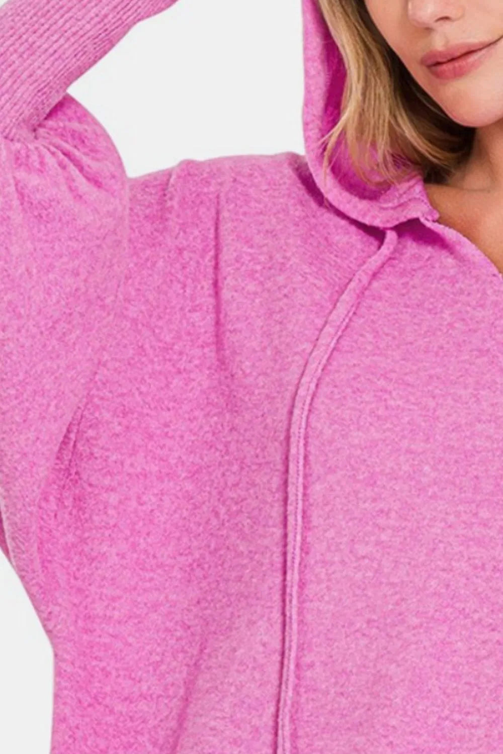 Zenana brushed hacci drop shoulder cropped hoodie with long sleeves and relaxed fit, in soft, cozy fabric.