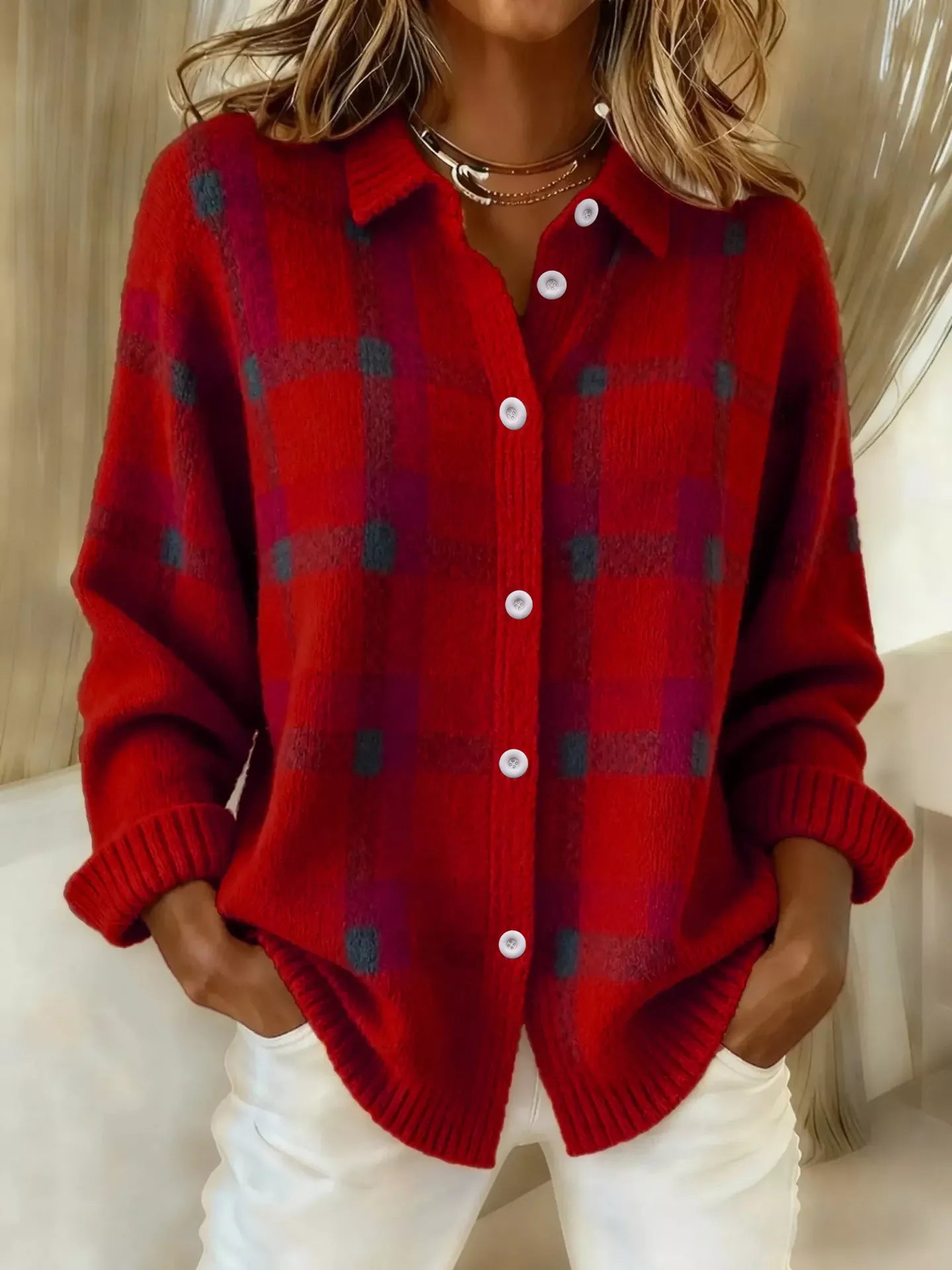 Trendsi plaid button-up cardigan featuring a classic pattern, long sleeves, and front buttons, perfect for casual layered outfits.