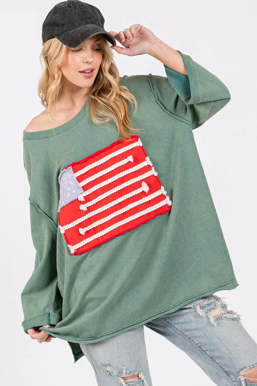 Full size American flag patch drop shoulder t-shirt by Trendsi featuring sage and fig colors, casual and stylish design.