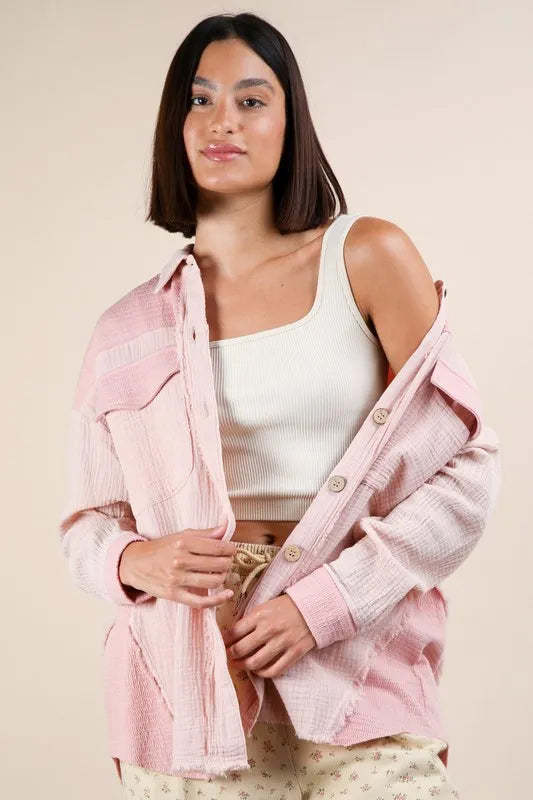 Light beige Very J Mineral Washed Oversized Gauze Shacket from Trendsi, showing its soft, breathable fabric and relaxed fit.