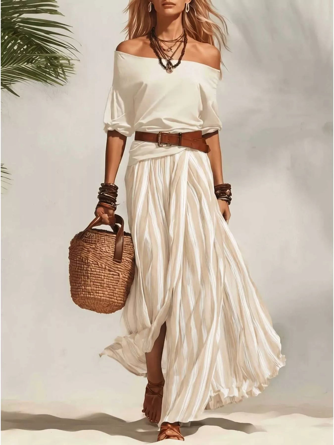 Off shoulder top and striped maxi skirt set by Trendsi, featuring a stylish off-the-shoulder blouse and flowing striped skirt.