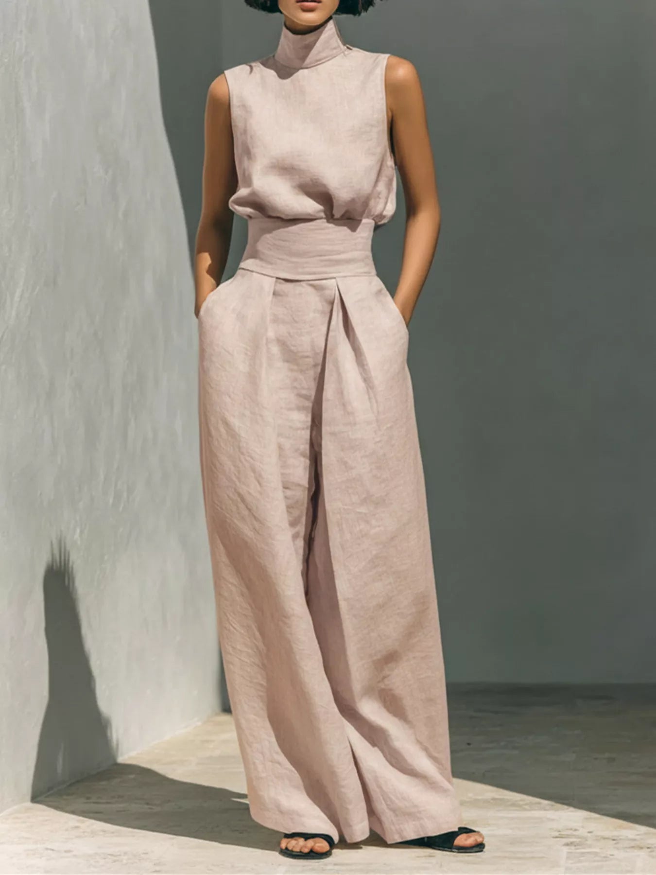 Plus size sleeveless wide-leg jumpsuit with smocked waist by Trendsi, shown in a full-length view highlighting its relaxed fit and style.
