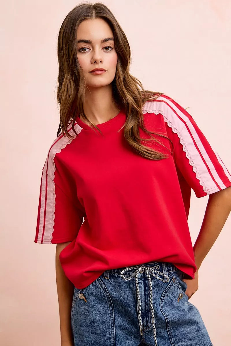 BiBi French Terry short sleeve top with side lace detail, casual trendy shirt from Trendsi featuring a relaxed fit.